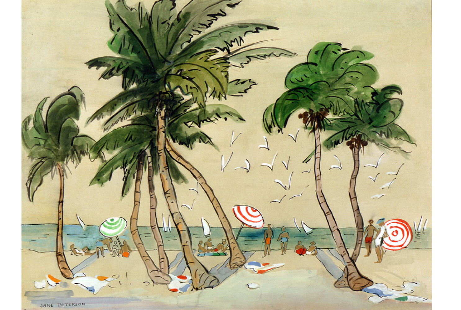 Palm Beach, ca. 1918, By Jane Peterson (American, 1876—1965); Watercolor and ink on paper; 26 1/2 x 33 inches; Gift of Mr. Thomas Bennett; 2000.014