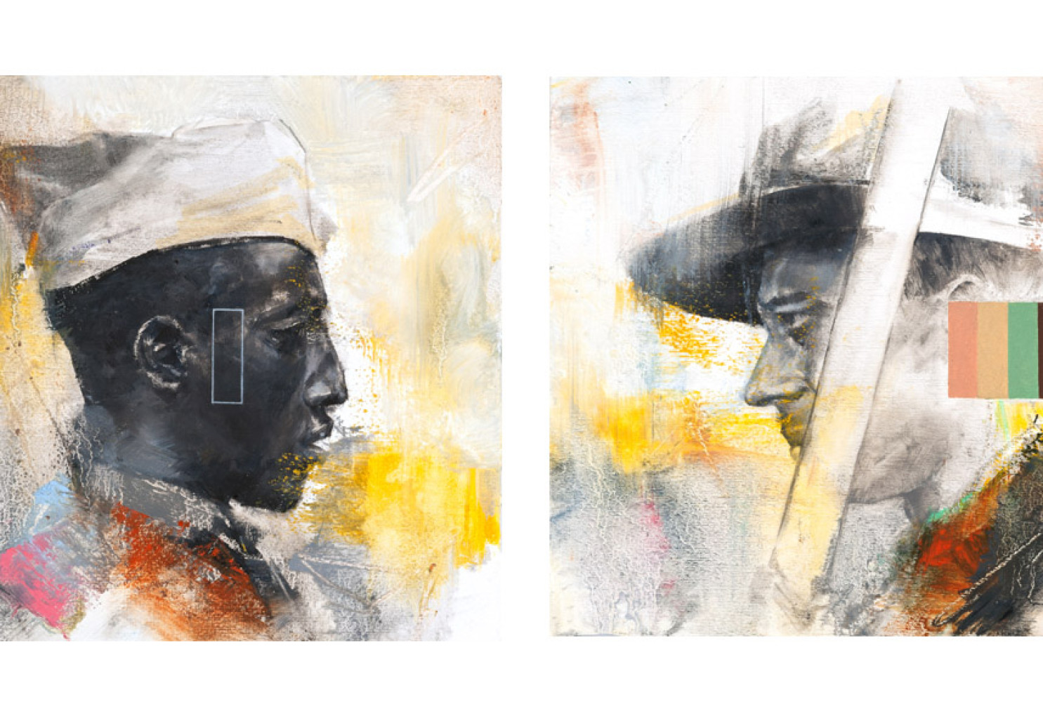 Side A + B, 2017, By Charles Edward Williams (American, b. 1984); 8 x 9 inches (framed diptych); Oil and gesso on watercolor paper; Courtesy of the Morris Museum of Art, Augusta, Georgia