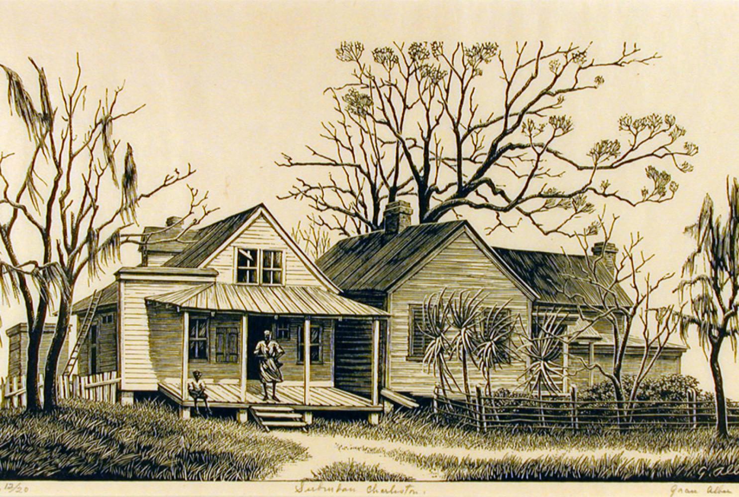 Suburban Charleston, ca. 1950, By Grace Albee (American, 1890—1985); Woodblock print on paper; 7 1/16 x 11 1/8 inches; Museum purchase; 1998.007.0002
