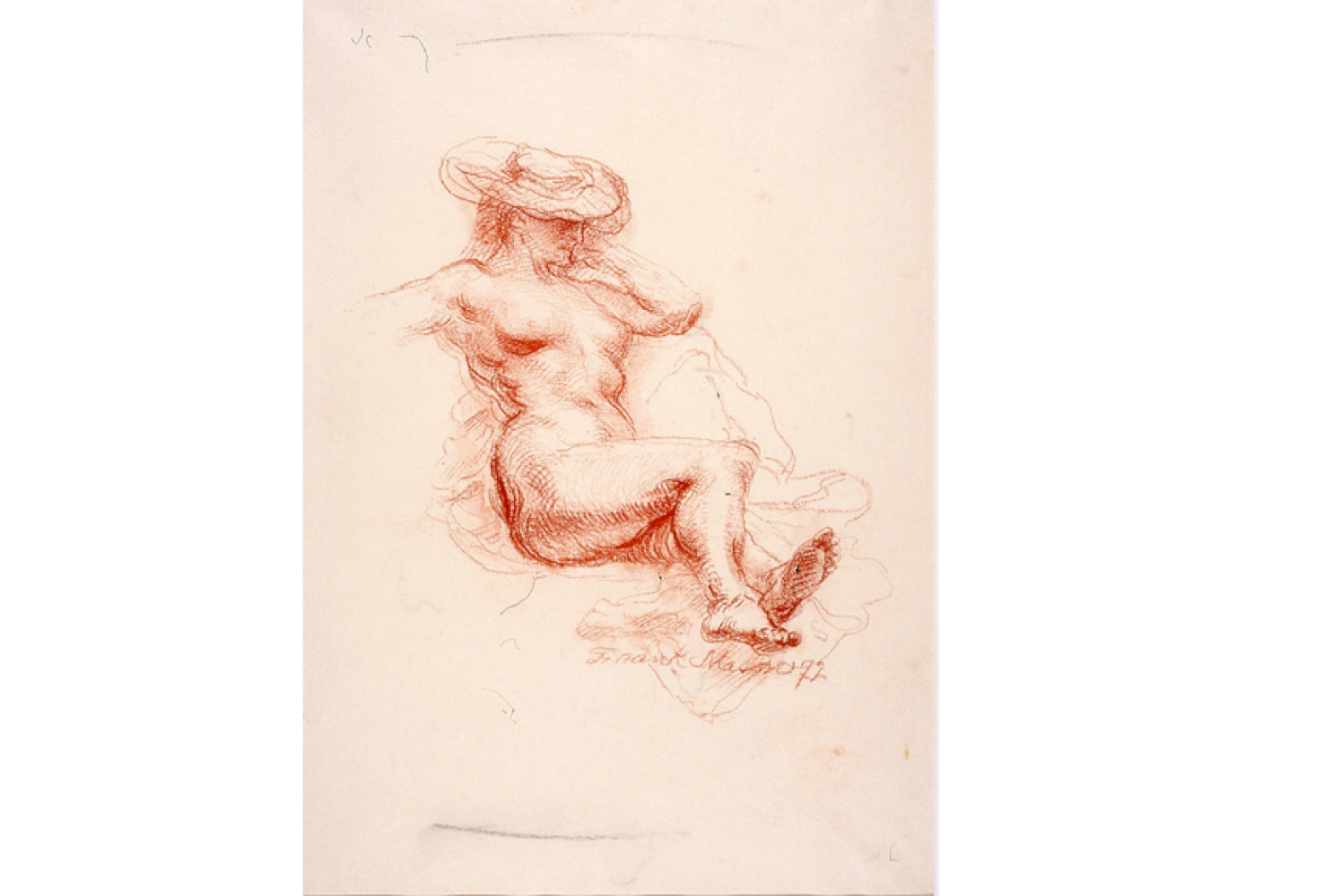 Reclining Sunbather, 1972, By Frank Mason (American, 1921—2009); Sepia on cream paper; 20 5/8 x 15 inches; Courtesy of the Estate of Frank Mason; D091
