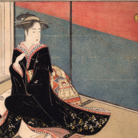 Man Peering at a Beauty Seated in a Room (detail), 1788, By Katsukawa Shunsho (1726 - 1792); Color woodblock album plate: 9 3/4 x 14 in. (24.7 36.5 cm.); Frontispiece to Haikai Album of the Cuckoo (Haikai yobuko-dori); Signed: Shunsho ga; Provenance: Motte Alston Read; Accession Number: 1948.004.0131.