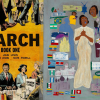 (right) Cover art for March; (left)  Marian Anderson (detail), ca. 1945, by William H. Johnson (American, 1901-1972). Oil on paperboard, 35 5/8 x 28 7/8 inches. Image courtesy of Smithsonian American Art Museum, Gift of the Harmon Foundation. 