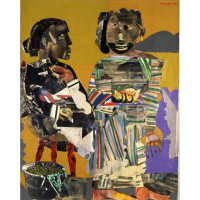 Romare Bearden, Melon Season, 1967. Mixed Media on canvas, 56 1/2 x 44 1/2 inches. Collection of Neuberger Museum of Art, Purchase College, SUNY, Gift of Roy R. Neuberger, 1976.26.45 © VAGA at Artists Rights Society (ARS), NY