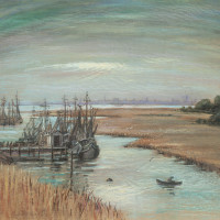 Shem Creek, 1954, By Elizabeth O'Neill Verner (American, 1883 - 1979); Pastel on silk glued to plywood; 22 5/8 x 27 1/2 inches; 2007.11.01; The Johnson Collection, Spartanburg, South Carolina