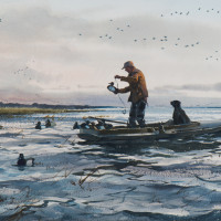 The Broadbill Gunner, 1957, by Ogden M. Pleissner (American, 1905—1983); Watercolor on paper, 19 3/8 x 29 1/8 inches; Collection of Shelburne Museum, gift of Ann M. Leonard; 2013-14.1; Photograph by Andy Duback