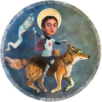 Iris, the Coyote Tamer, 2018, By Diana Farfan; Acrylics and mixed media on wood panel; 40 x 40 inches
