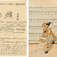 Left: Page from Motte Alston Read journal
Right: Dance of the Laundered Cloth, 1768-69, by Suzuki Harunobu (Japanese, 1724-1770). Color woodblock print. 1954.013.0003