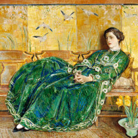 April (The Green Gown), 1920, by Childe Hassam (American, 1859- 1935); oil on canvas; 56 x 82 1/4 inches; Gift of Mr. and Mrs. Archer Huntington; 1936.009.0001
