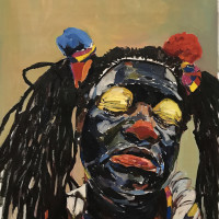 Clown Portrait, 2018, by Beverly McIver (American, b. 1962). Oil on canvas, 45 x 34 inches. Collection of Billie Tsien and Tod Williams, New York.
