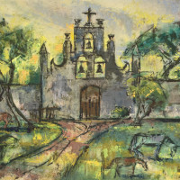 Old Church, Chichen Itza, 1960, By William Halsey (American, 1915–1999); Casein on Japanese paper; 16 x 28 ½ inches; Gift of Mrs. Ashby Farrow. 