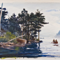 Fishing at Grand Lake Maine, 1950-1959, By Ogden M. Pleissner (American, 1905—1983); Watercolor on paper; 17 x 27 inches; Collection of Shelburne Museum, gift of Morton Quantrell. 1996-42.17. Photography by Andy Duback.