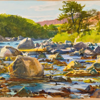 On the Wind River, date unknown, By Ogden M. Pleissner (American, 1905—1983); Watercolor and gouache on paper, 15 3/8 x 21 5/16 inches; Collection of Shelburne Museum, bequest of Ogden M. Pleissner; 1985-31.53. Photography by Andy Duback.