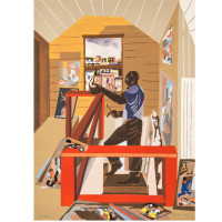 The Studio, 1996, by Jacob Lawrence (1917-2000); lithograph on paper; 30 x 22 1/8 inches; Courtesy of  The Jacob and Gwendolyn Knight Lawrence Foundation, Seattle © 2015 Artists Rights Society (ARS), New York
