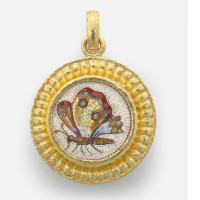 Walking Butterfly, 19th century, attributed to Giacomo Raffaelli (Italian, 1753—1836); Micromosaic set in gold as a pendant, with gold bezel, hinged bale, 35 x 35 mm. Collection of Elizabeth Locke; Photo: Travis Fullerton; © Virginia Museum of Fine Arts