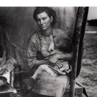 FROM THE MIGRANT MOTHER
SEQUENCE, IMAGE #3, NIPOMO,
CA. MIGRANT AGRICULTURAL
WORKER'S FAMILY. SEVEN
HUNGRY CHILDREN. MOTHER
AGED THIRTY-TWO. FATHER IS
NATIVE CALIFORNIAN. NIPOMO,
CA. FSA., 1936, by Dorothea Lange (American, 1895 – 1965). Gelatin silver print, 11 x 14 inches. Courtesy of the Collection Martin Z.  Margulies.