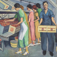 Peach Packing, Spartanburg County, 1938, By Wenonah Day Bell; (American, 1890—1981); Oil on canvas; 38 x 48 inches; 2010.05.04; The Johnson Collection, Spartanburg, SC
