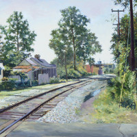 Line Street Railroad Crossing, 1991, By William McCullough (American, b. 1948); Oil on canvas; 30 1/2 x 40 1/4 inches; Museum purchase; 2001.025
