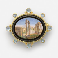 Roman Forum, Rome, 19th century; Micromosaic set in gold as a brooch, with alternating 6-mm cabochon aquamarines with side gold dots and 5-mm faceted aquamarines around bezel, 54 x 62 mm. Collection of Elizabeth Locke; Photo: Travis Fullerton; © Virginia Museum of Fine Arts
