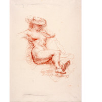 Reclining Sunbather, 1972, By Frank Mason (American, 1921—2009); Sepia on cream paper; 20 5/8 x 15 inches; Courtesy of the Estate of Frank Mason; D091
