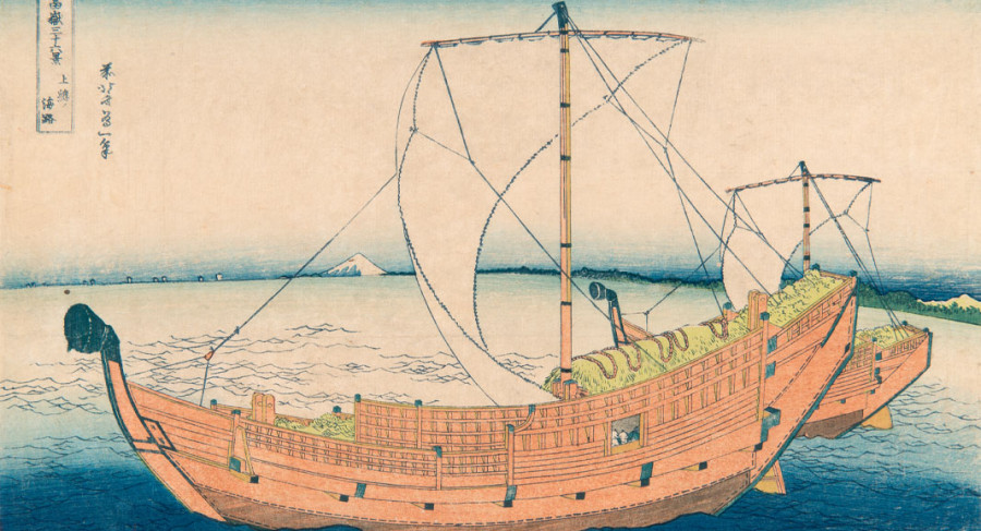 <i>At Sea off Kazusa (Kazusa no kairo)</i>, from <i>Thirty-six Views of Fuji</i>, ca. 1831-33, by Katsushika Hokusai (1760-1849). Color woodblock print. Accession Number: 1954.013.0009

