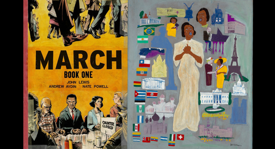 (right) Cover art for <i>March</i>; (left)  Marian Anderson (detail), ca. 1945, by William H. Johnson (American, 1901-1972). Oil on paperboard, 35 5/8 x 28 7/8 inches. Image courtesy of Smithsonian American Art Museum, Gift of the Harmon Foundation. 
