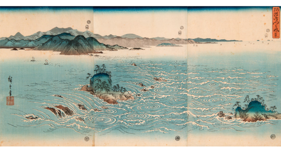 <i>The Whirlpools of Naruto in Awa</i>, 4/1857. by Utagawa Hiroshige (Japanese, 1797-1858). Color woodblock print. 1948.004.0014.001-3