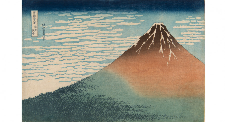 KATSUSHIKA HOKUSAI (1760-1849) <i>South Wind, Clear Dawn (Red Fuji)</i> from the seires <i>Thirty-six Views of Fuji</i>, ca. 1831-33. Color woodblock print, 10 1/8 x 15 inches.