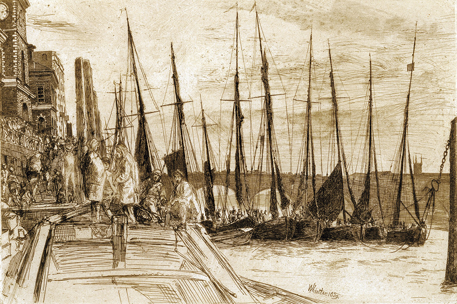 <i>Billingsgate</i>, 1859, by James McNeill Whistler (American, 1834-1903); etching on paper; 5 7/8 x 8 3/4 inches; Gift of Dr. and Mrs. (Caroline) Anton Vreede; 2004.004.0007 