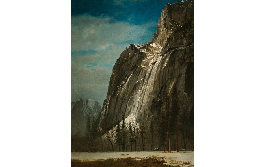 <i>Cathedral Rocks, A View of Yosemite</i>, ca. 1872, by Albert Bierstadt (American, 1830-1902); oil on paper mounted on canvas; 19 x 13 3/4 inches; Courtesy of the Higdon Collection
