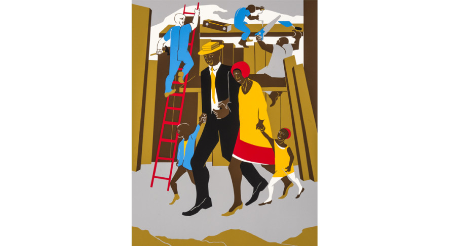 <i>The Builders (Family)</i>, 1974, by Jacob Lawrence (1917-2000); silkscreen on paper; 34 x 25 3/4 inches; Courtesy of The Jacob and Gwendolyn Knight Lawrence Foundation, Seattle © 2015 Artists Rights Society (ARS), New York
