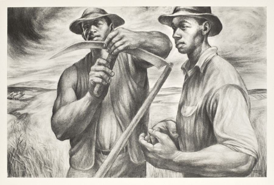 <i>Harvest Talk</i>, 1953, By Charles Wilbert White (American, 1918–1979); Lithograph; 13 x 18 inches; Gift of Dr. and Mrs. Monnie Singleton
