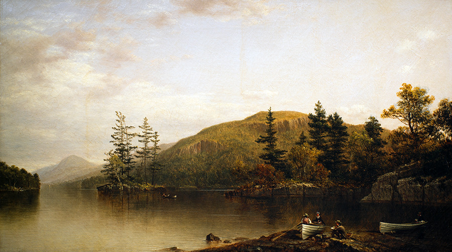 <i>Shelving Rocks, Lake George from Hen and Chickens Island</i>, 1874, by David Johnson (American, 1827-1908); oil on canvas; 16 1/8 x 28 1/2 inches; Courtesy of the Higdon Collection