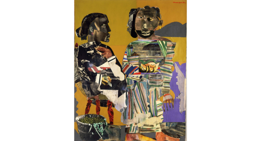 Romare Bearden, <i>Melon Season</i>, 1967. Mixed media on canvas, 56 1/2 x 44 1/2 inches. Collection Neuberger Museum of Art, Purchase College, SUNY, Gift of Roy R. Neuberger, 1976.26.45 © VAGA at Artists Rights Society(ARS), NY