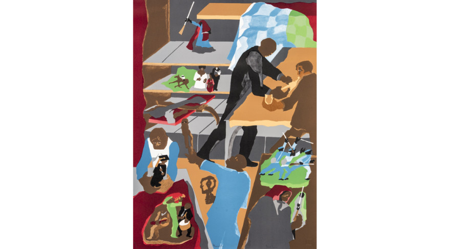 <i>Memorabilia</i>, 1990, by Jacob Lawrence (1917-2000); lithograph on paper, 31 1/4 x 22 7/8 inches; Courtesy of  The Jacob and Gwendolyn Knight Lawrence Foundation, Seattle © 2015 Artists Rights Society (ARS), New York