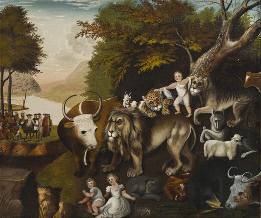 <i>The Peaceable Kingdom with the Leopard of Serenity</i>, 1835—1840, Attributed to Edward Hicks (American, 1780—1849), Oil on canvas, Courtesy of the Barbara L. Gordon Collection.
