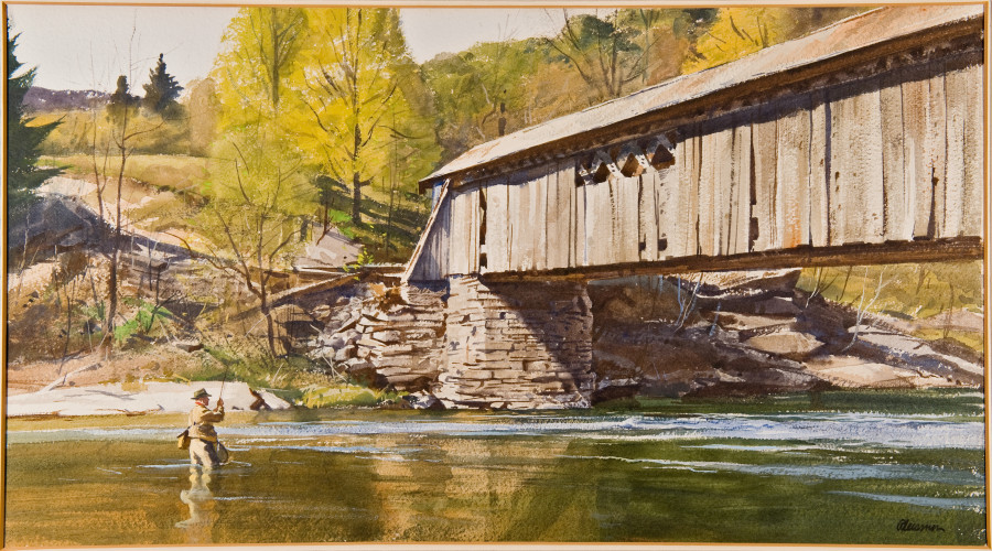 <i>Beaverkill Bridge</i>, 1952, By Ogden M. Pleissner (American, 1905—1983); Watercolor on paper; 18 x 31 inches; Collection of Shelburne Museum, gift of Morton Quantrell, 1996-42.4. Photography by Andy Duback.