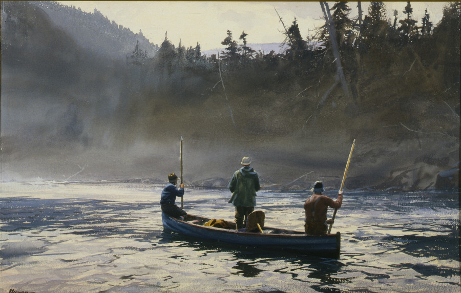 <i>Blue Boat on the Ste Anne</i>, 1958, By Ogden M. Pleissner (American, 1905—1983);  Watercolor on paper; 17 1/4 x 27 1/2 inches;  Collection of Shelburne Museum, gift of Marion W.G.  Pleissner. 1986-98.1.