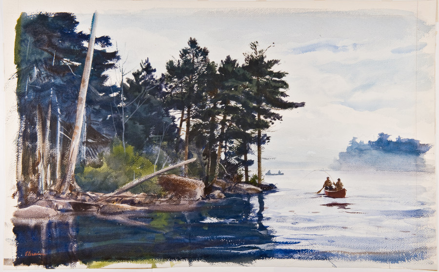 <i>Fishing at Grand Lake Maine</i>, 1950-1959, By Ogden M. Pleissner (American, 1905—1983); Watercolor on paper; 17 x 27 inches; Collection of Shelburne Museum, gift of Morton Quantrell. 1996-42.17. Photography by Andy Duback.