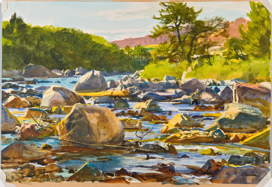 <i>On the Wind River</i>, date unknown, By Ogden M. Pleissner (American, 1905—1983); Watercolor and gouache on paper, 15 3/8 x 21 5/16 inches; Collection of Shelburne Museum, bequest of Ogden M. Pleissner; 1985-31.53. Photography by Andy Duback.