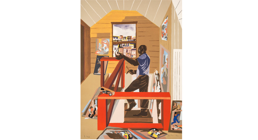 <i>The Studio</i>, 1996, by Jacob Lawrence (1917-2000); lithograph on paper; 30 x 22 1/8 inches; Courtesy of  The Jacob and Gwendolyn Knight Lawrence Foundation, Seattle © 2015 Artists Rights Society (ARS), New York
