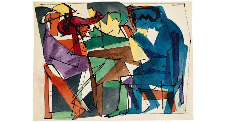 Romare Bearden, <i>The Blues Has Got Me</i>, 1944. Watercolor and ink on paper, 29 x 35 1/2 inches. SCAD Museum of Art, Savannah, GA. Gift of Dr. Walter O. Evans and Mrs. Linda J. Evans © Romare Bearden Foundation / VAGA at Artists Rights Society (ARS), NY