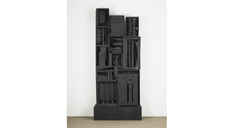 <i>Beards' Wall</i>, 1958—1959, by Louise Nevelson (American, 1899—1988); 11 wood boxes painted black, 102 1/2 x 41 1/2 x 14 1/2 inches;  Photograph by Kerry Ryan McFate, courtesy Pace Gallery; © 2018 Estate of Louise Nevelson / Artists Rights Society (ARS), New York