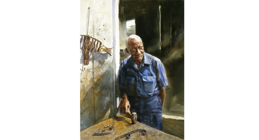 <i>Iron Man</i>, 2000, by Mary Whyte (American, b. 1953); watercolor on paper; 39 x 28 inches; Museum Purchase with funds provided by Dr. and Mrs. Louis D. Wright, Jr. and Mrs. Norman Olsen, Jr. and a partial gift of Coleman Fine Art; 2000.023. 