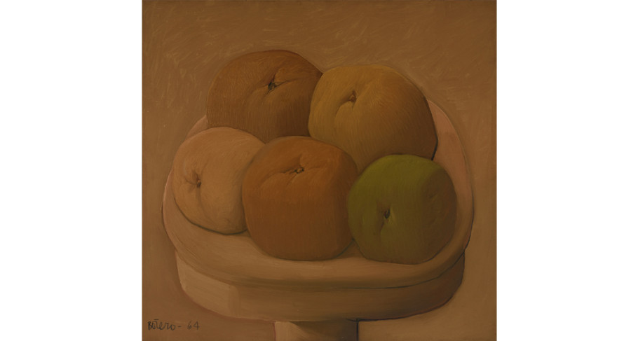 <i>Las Frutas (The Fruits)</i>, 1964, by Fernando Botero (Colombian, b. 1932); Oil on canvas; 50 3/4 x 52 1/8 inches; Courtesy of the Lowe Art Museum, University of Miami. © 1964 Fernando Botero.