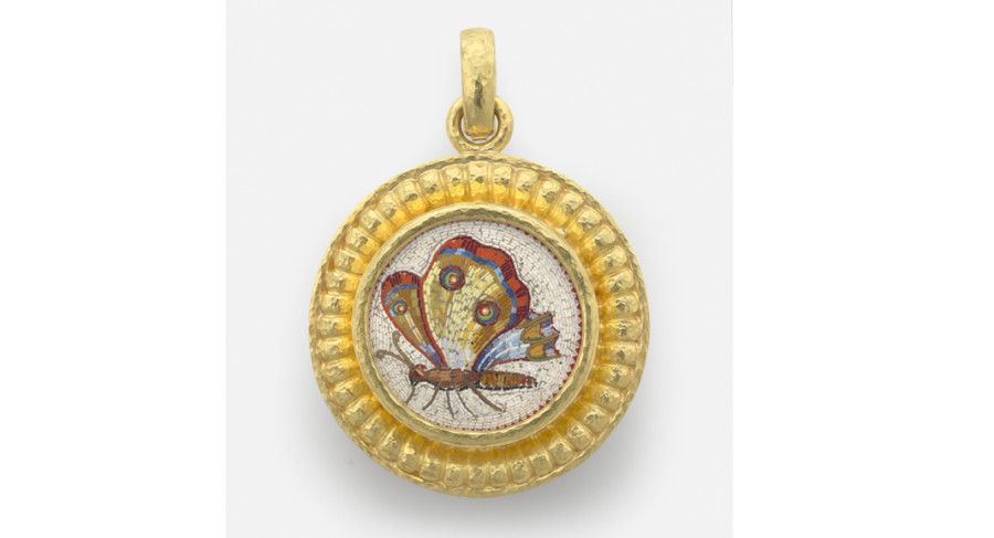 <i>Walking Butterfly</i>, 19th century, attributed to Giacomo Raffaelli (Italian, 1753—1836); Micromosaic set in gold as a pendant, with gold bezel, hinged bale, 35 x 35 mm. Collection of Elizabeth Locke; Photo: Travis Fullerton; © Virginia Museum of Fine Arts