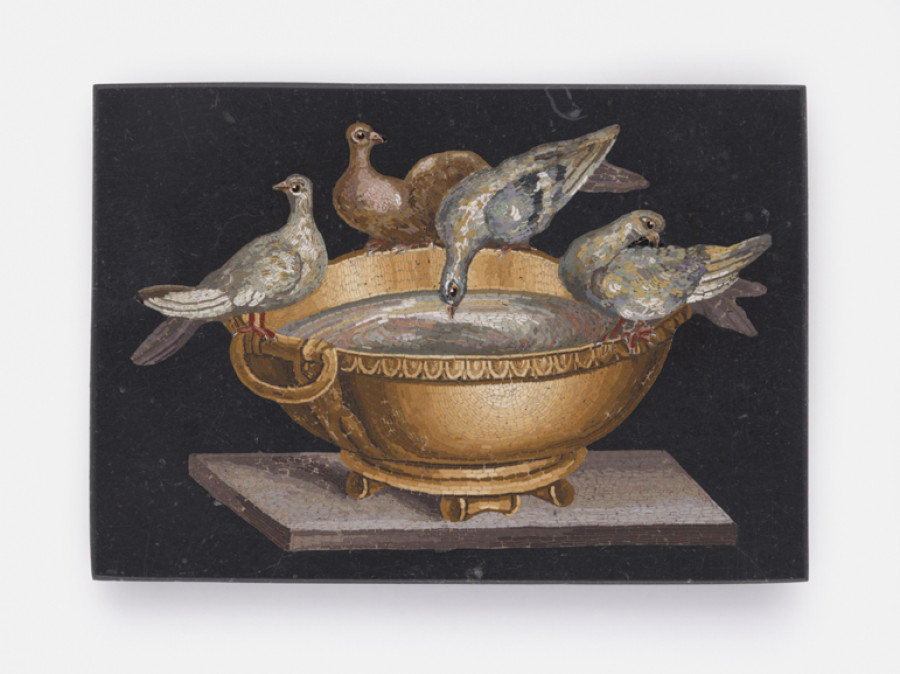 <i>Doves of Pliny</i>, 19th century, Giaocchino Barberi (Italian, 1783—1857), micromosaic set in black plaque, 54 x 78 mm. Collection of Elizabeth Locke; Photo: Travis Fullerton; © Virginia Museum of Fine Arts
