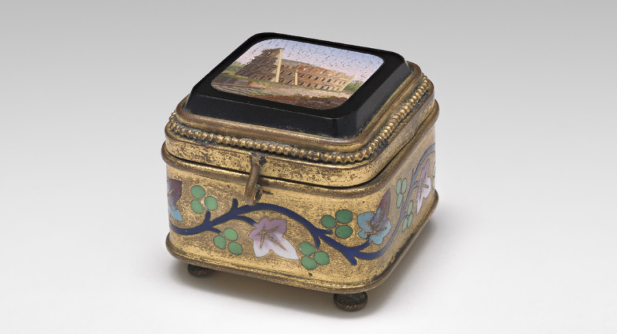 <i>Coliseum, Rome</i>, 19th century; Micromosaic set in metal box detailed with enamel paint, 45 x 45 x 39 mm.; Collection of Elizabeth Locke; Photo: Travis Fullerton; © Virginia Museum of Fine Arts
