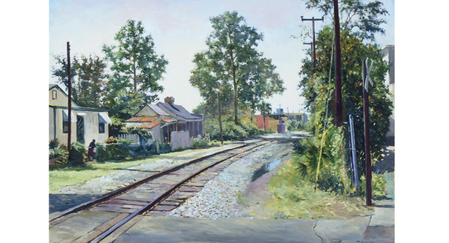 <i>Line Street Railroad Crossing</i>, 1991, By William McCullough (American, b. 1948); Oil on canvas; 30 1/2 x 40 1/4 inches; Museum purchase; 2001.025

