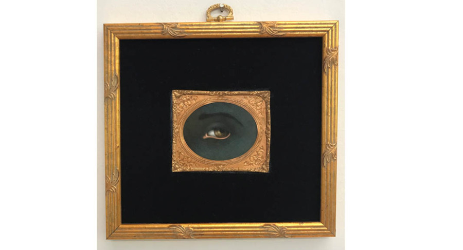 <i>Untitled (after Kerry James Marshall)</i> from <i>Series I: Reversing the Gaze</i>, 2018, By Tabitha Vevers (American, b.1957); Oil on Ivorine with tintype frame and fabric; 2 3/4 x 3 1/4 inches in 7 x 7 1/2 inch frame; Collection of the artist, Courtesy of Bookstein Projects
