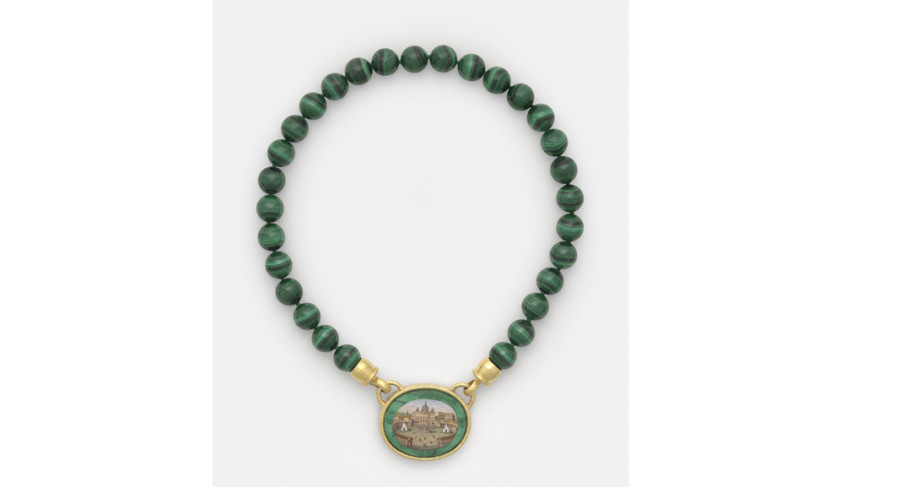 <i>St. Peter's Square, Rome</i>, 19th century; Micromosaic set in gold as a pendant, with malachite border, suspended on 12-mm malachite bead necklace, 17 in.; 33 x 40 mm. Collection of Elizabeth Locke; Photo: Travis Fullerton; © Virginia Museum of Fine Arts
